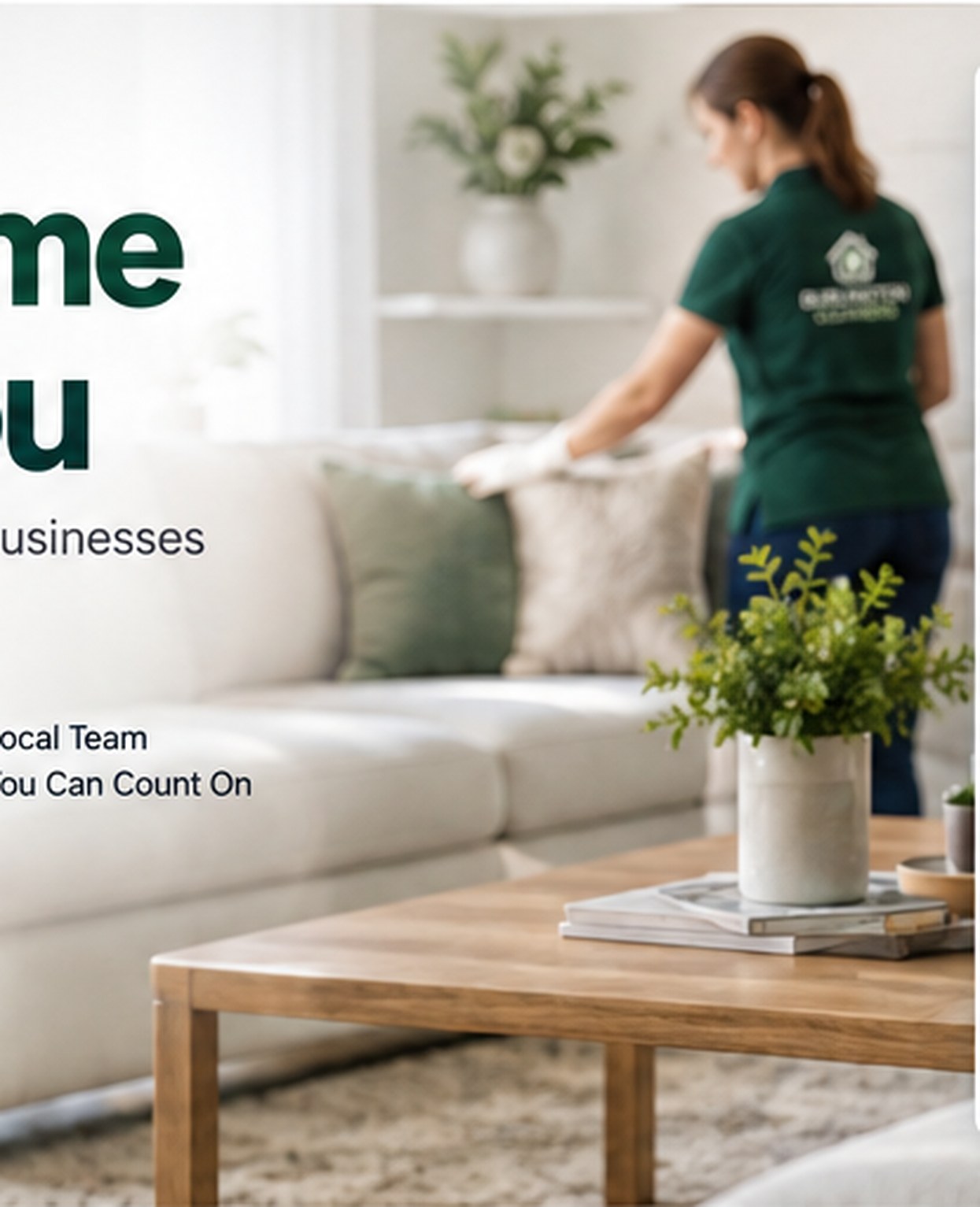 Professional cleaner tidying a bright modern living room
